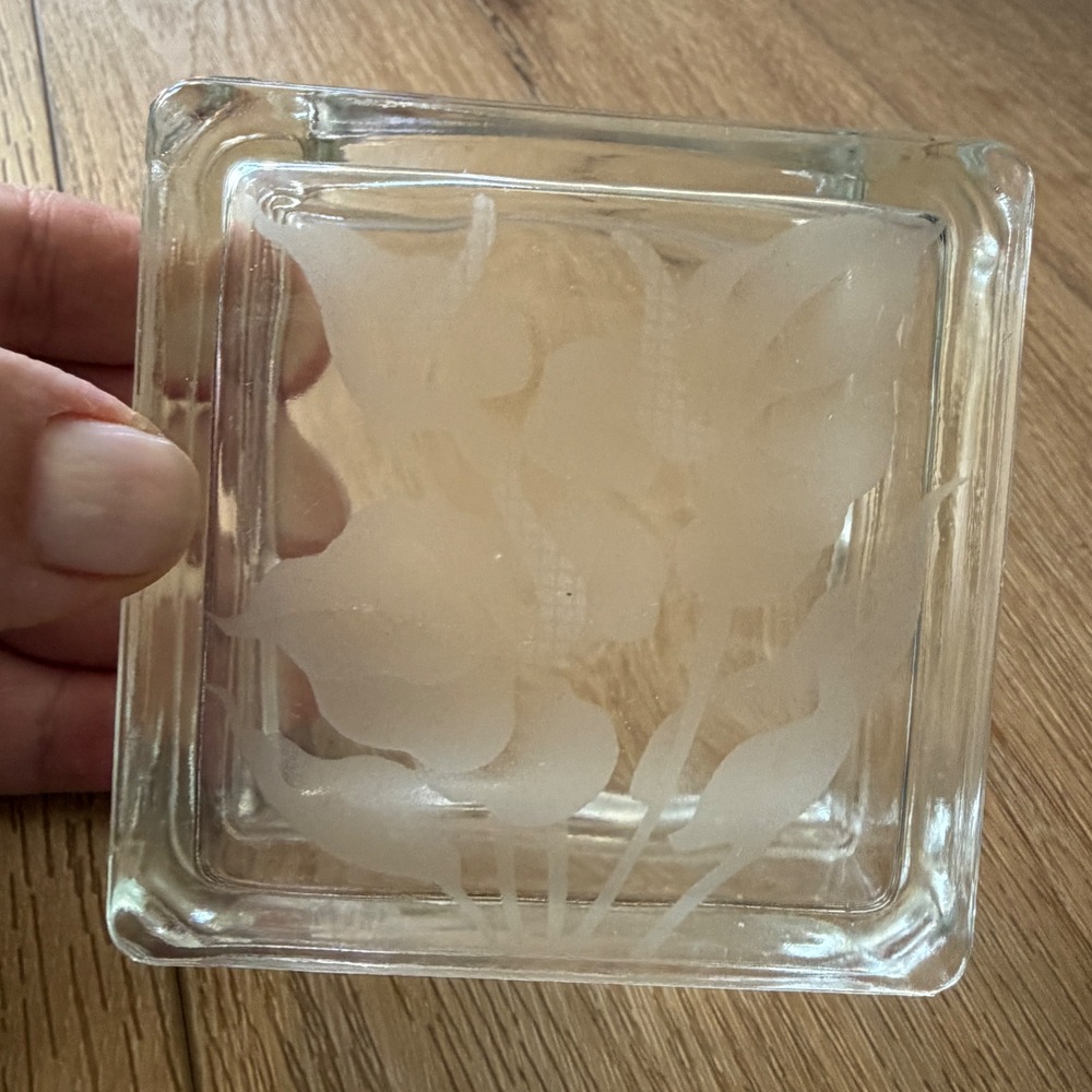 Vintage Frosted Calla Lily Glass Block Bud Vase Square Clear Etched Floral 3.25"